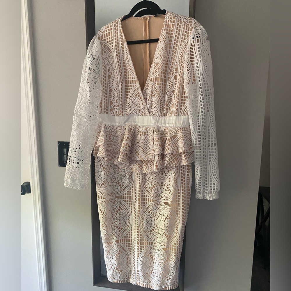 White Lace Peplum Midi Dress with Nude Lining